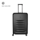 Black hardshell suitcase with horizontal ridges and a retractable handle.