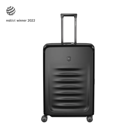 Black hardshell suitcase with horizontal ridges and a retractable handle.