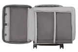 Open suitcase with compartments and wheels.