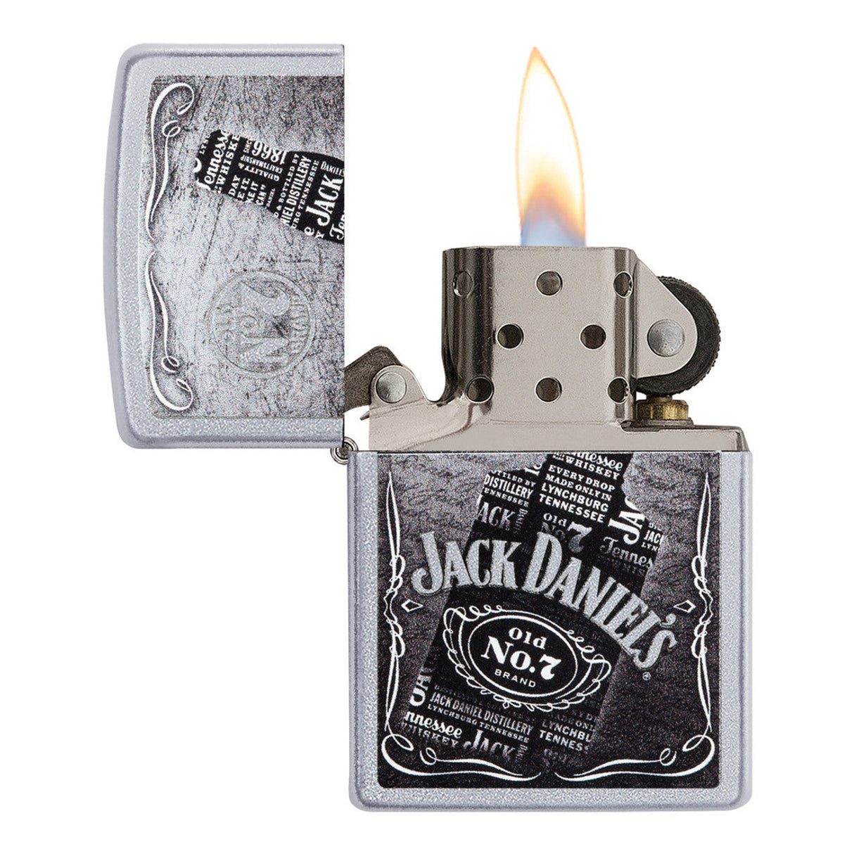 Lit Zippo-style lighter with Jack Daniel’s whiskey branding on its case.