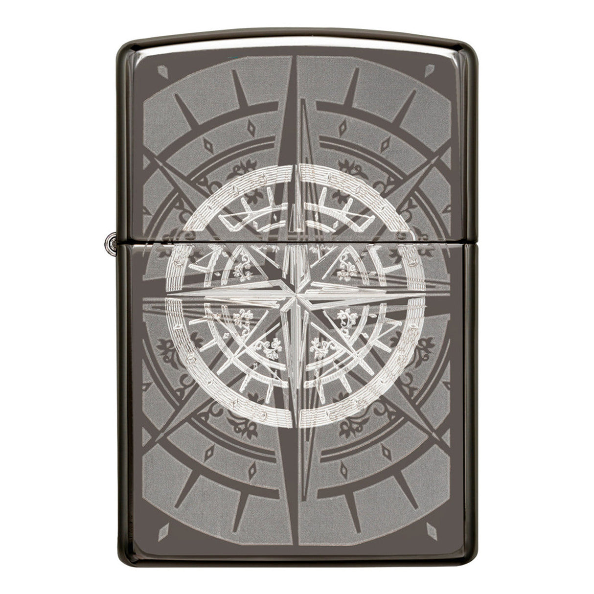Zippo lighter featuring an engraved compass rose design.