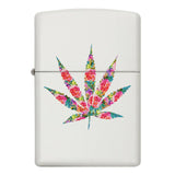 Zippo-style lighter with a colorful floral marijuana leaf design on a white background.