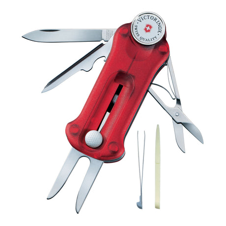 Red Swiss Army knife with multiple tools unfolded.