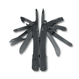 Multi-tool with pliers and various folding implements in a dark gray or black finish.