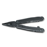 Multi-tool pliers with folding handles and a black finish.