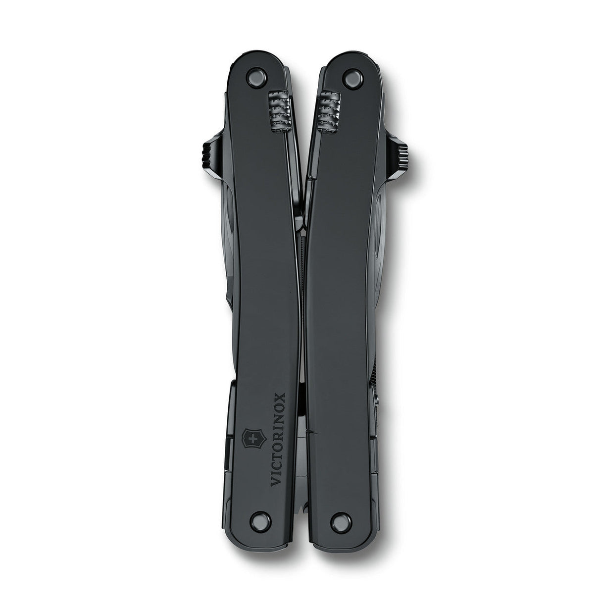 Black multi-tool with plier handles and folded implements.