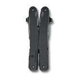 Black multi-tool with plier handles and folded implements.
