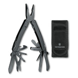 Multi-tool pliers with various folding implements and an accompanying black carrying case.