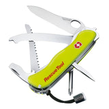 Lime green Swiss Army-style multi-tool knife labeled ’RescueTool’ with various blades and implements.