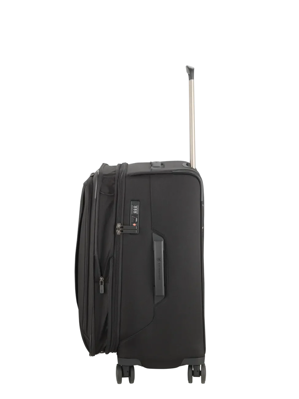 Black wheeled suitcase with an extendable handle.