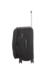 Black wheeled suitcase with an extendable handle.
