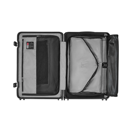 Open suitcase with compartments and straps for organizing contents.