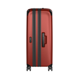 Red hardshell suitcase with black trim and wheels.
