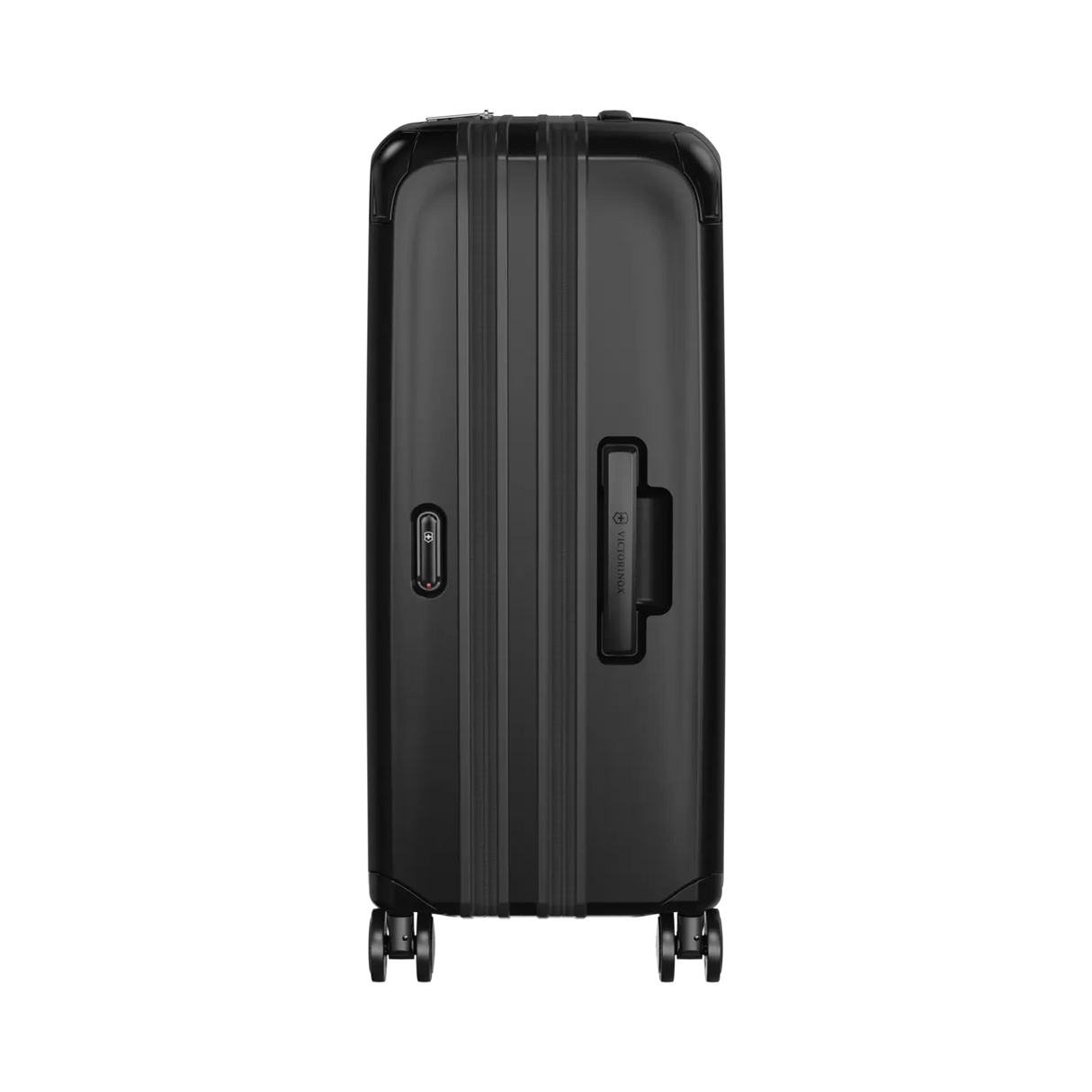 Black hardshell rolling suitcase with vertical ridges and a side handle.