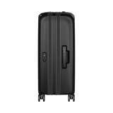 Black hardshell rolling suitcase with vertical ridges and a side handle.