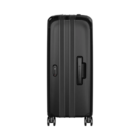 Black hardshell rolling suitcase with vertical ridges and a side handle.