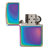 Iridescent metal lighter with a flip-top lid and rainbow-like color-shifting surface.