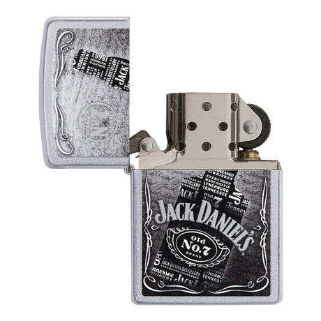 Jack Daniel’s branded metal flip-top lighter with engraved design.