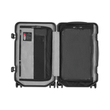 Open hard-shell suitcase with compartments and packing sections visible.