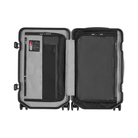 Open hard-shell suitcase with compartments and packing sections visible.