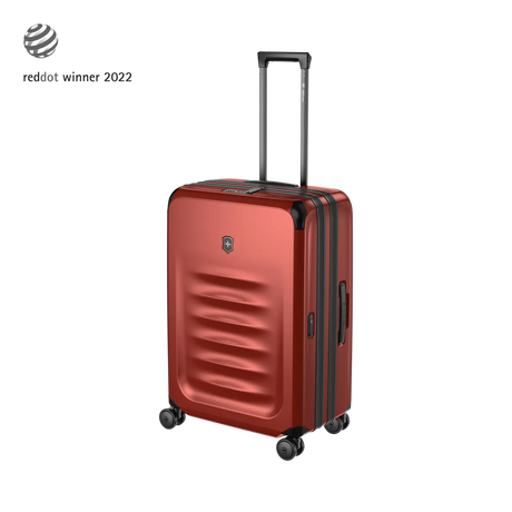 Red hardshell rolling suitcase with horizontal ridges and an extendable handle.