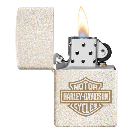 Lit Harley-Davidson branded Zippo-style lighter with a textured white finish.