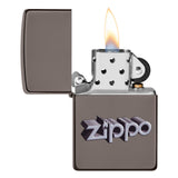 Lit Zippo lighter with a metallic finish and the Zippo logo embossed on its side.