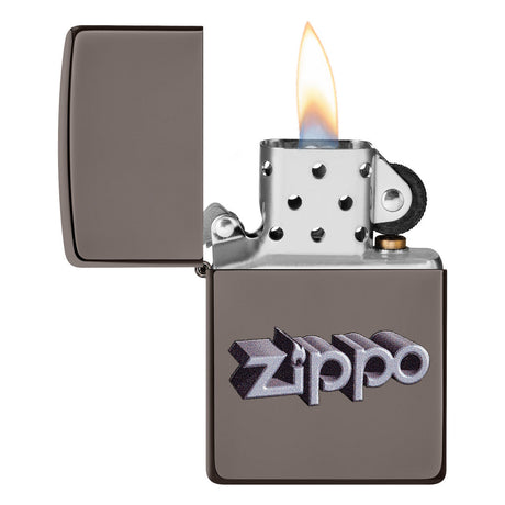 Lit Zippo lighter with a metallic finish and the Zippo logo embossed on its side.