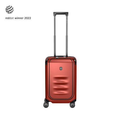 Red hardshell carry-on suitcase with a telescoping handle and wheels.