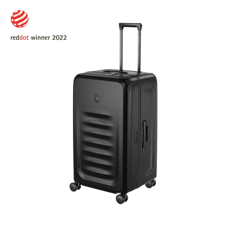 Black hardshell rolling suitcase with horizontal ridges on the front.