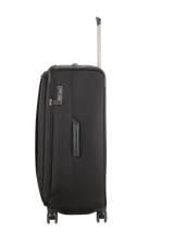 Black wheeled suitcase with an extendable handle.