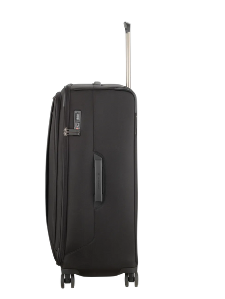 Black wheeled suitcase with an extendable handle.