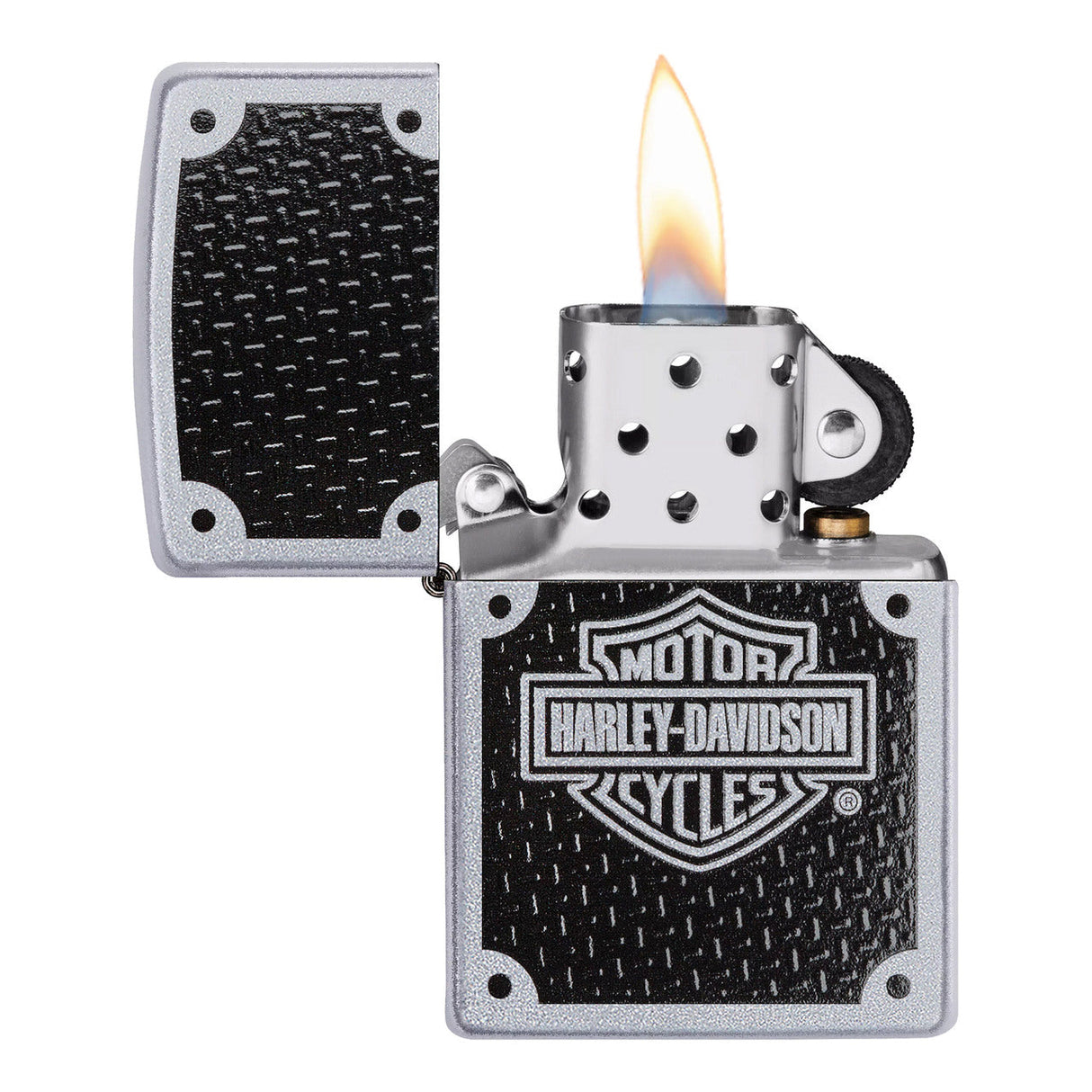 Harley-Davidson branded metal lighter with a lit flame.