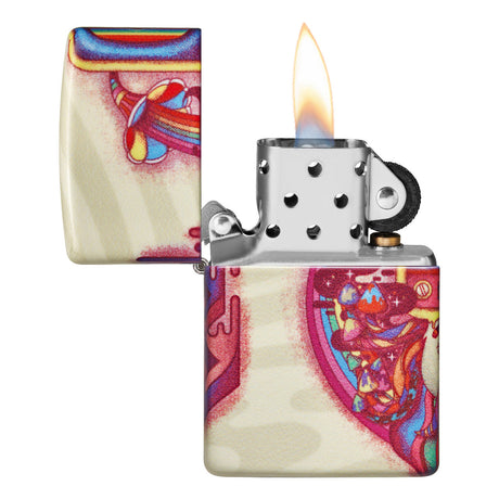 Zippo-style lighter with a colorful anatomical design on its case and a lit flame.