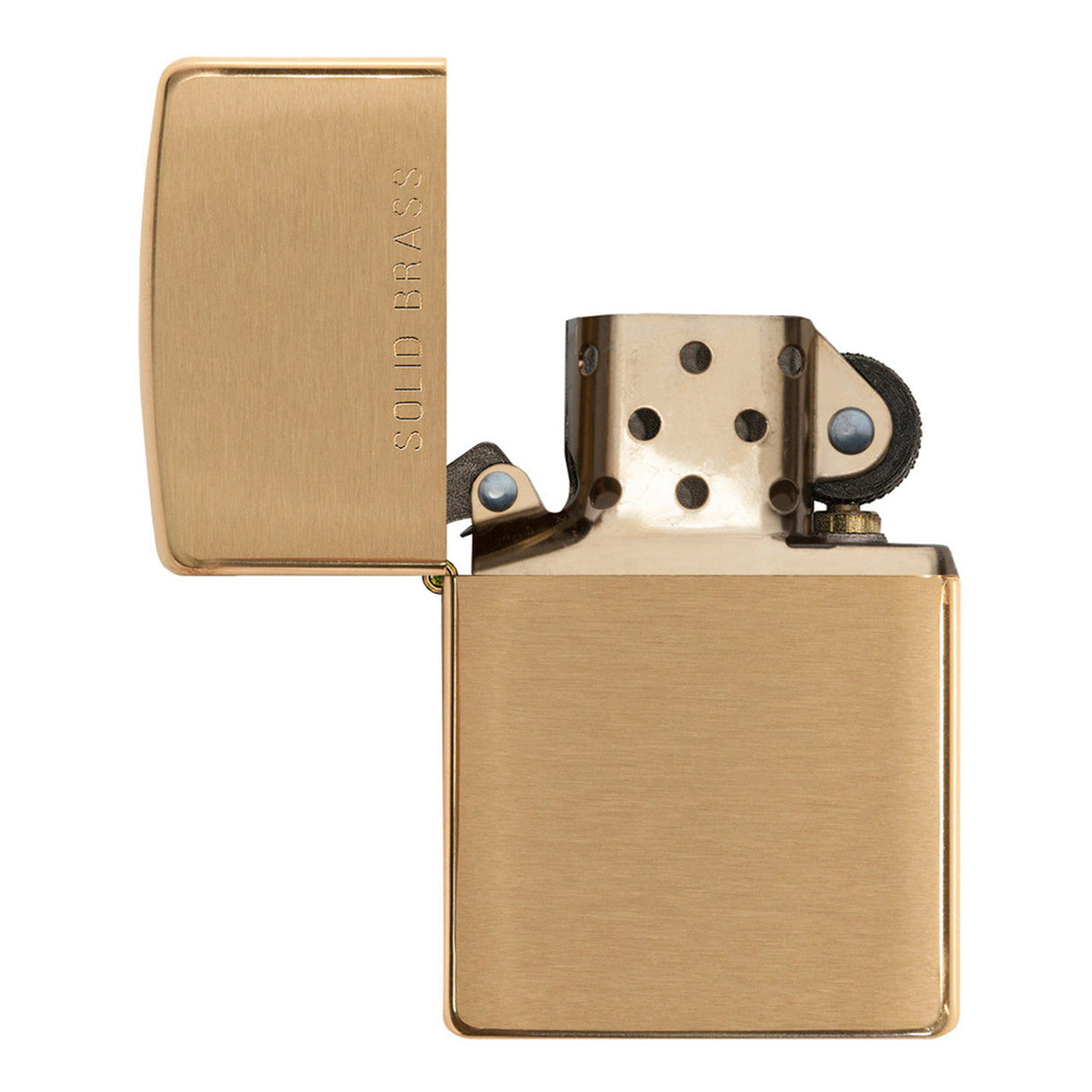 Gold-colored Zippo-style metal lighter with an open lid.