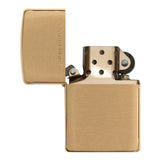 Gold-colored Zippo-style metal lighter with an open lid.