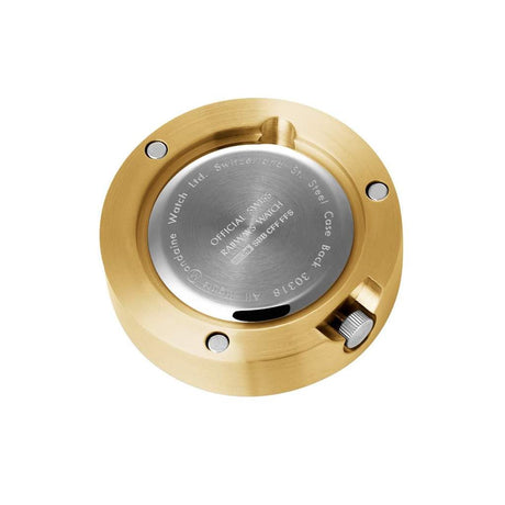 Gold-colored circular watch case back with a silver center and visible screws.