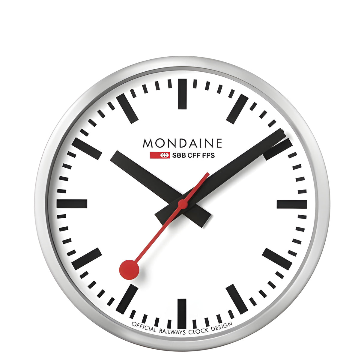 Classic Swiss railway-style wall clock with a white face, black markings, and red hands.