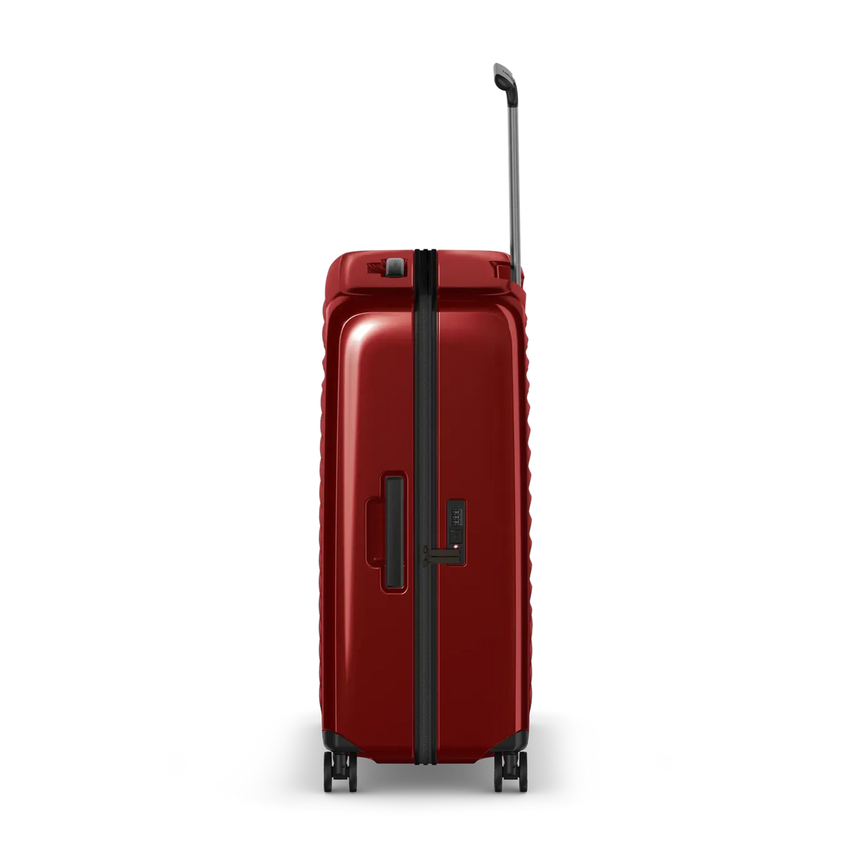 Red hardshell rolling suitcase with a telescoping handle and wheels.