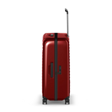 Red hardshell rolling suitcase with a telescoping handle and wheels.