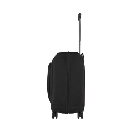 Black wheeled suitcase with an extendable handle.