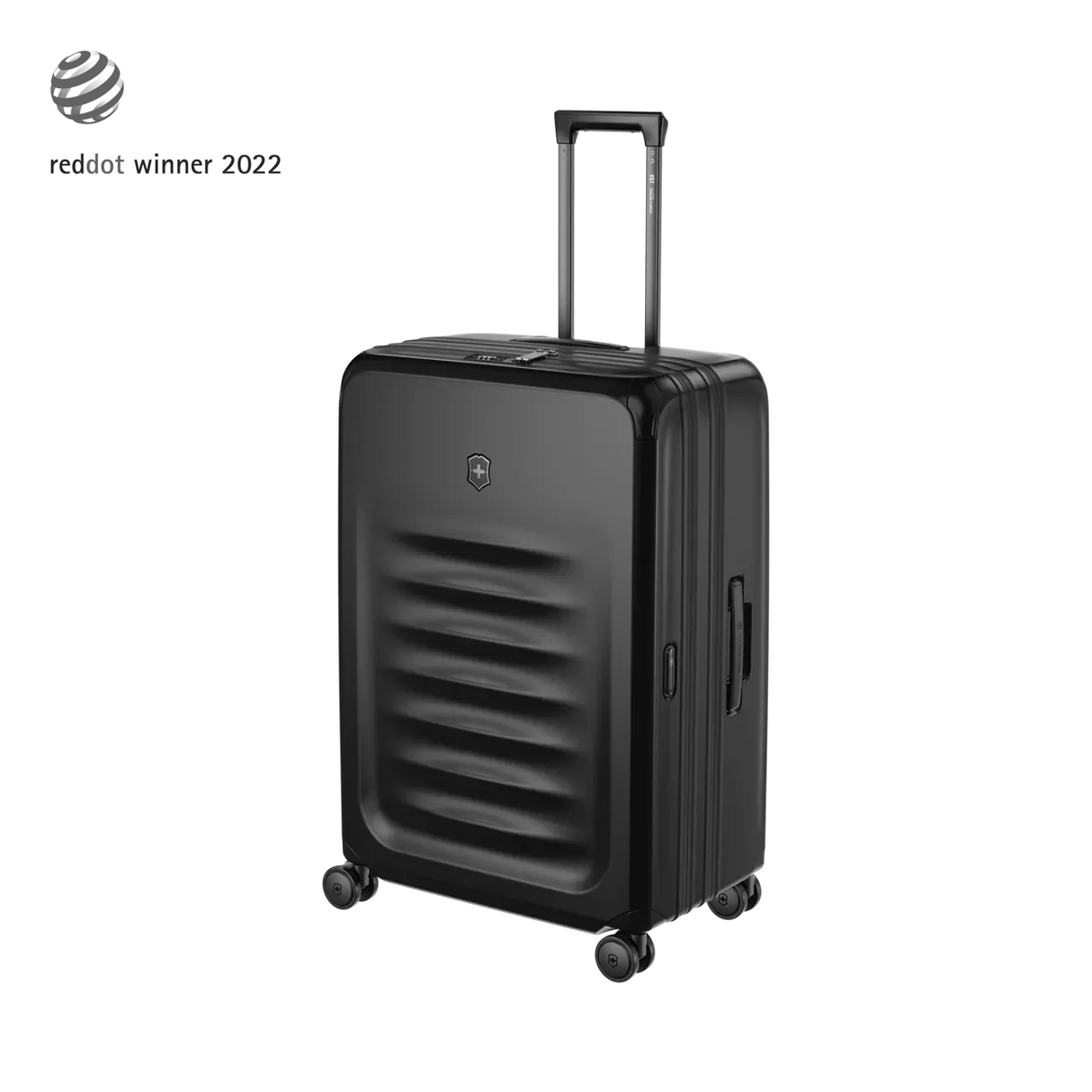 Black hardshell suitcase with horizontal ridges and a retractable handle.