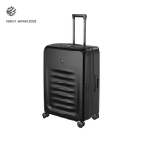 Black hardshell suitcase with horizontal ridges and a retractable handle.