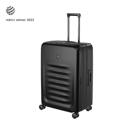 Black hardshell suitcase with horizontal ridges and a retractable handle.