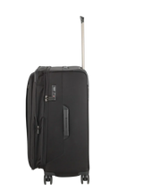 Black wheeled suitcase with an extendable handle.