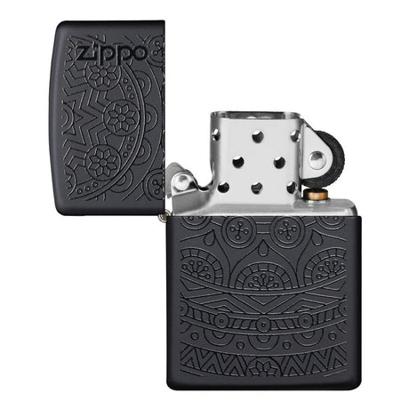Zippo lighter with intricate engraved geometric patterns on a matte black finish.