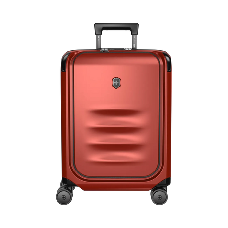 Red hardshell rolling suitcase with a retractable handle and wheels.