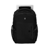 Black backpack with multiple compartments and a logo on the front.