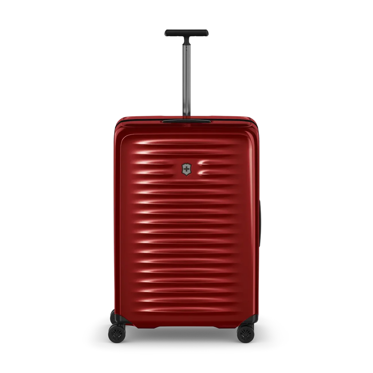 Red hardshell rolling suitcase with horizontal ridges and a retractable handle.