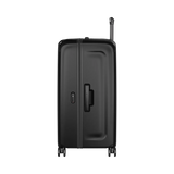 Black hardshell suitcase with wheels and a retractable handle.